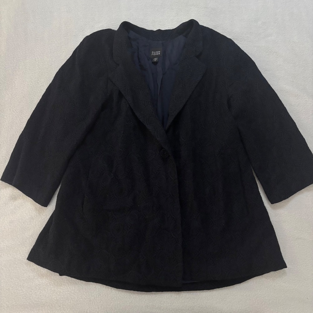 Eileen Fisher Navy Virgin Wool Italian Fabric Swirl Textured Swing Coat M